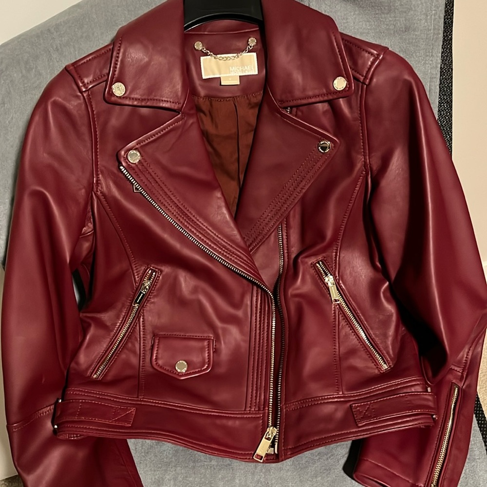 NWOT Michael Kors Deep Red Leather Moto Jacket Medium